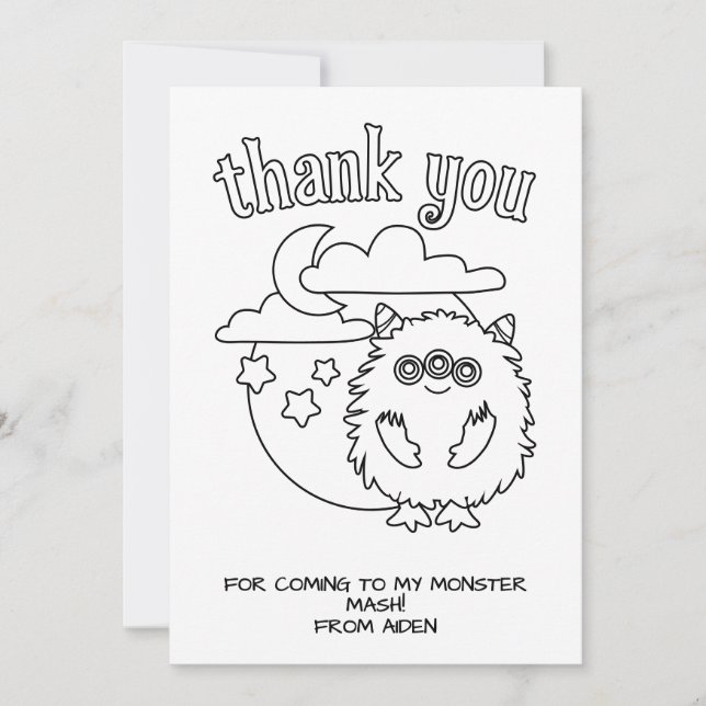 Monster Kids Colouring Card Party Favour Thank You (Front)