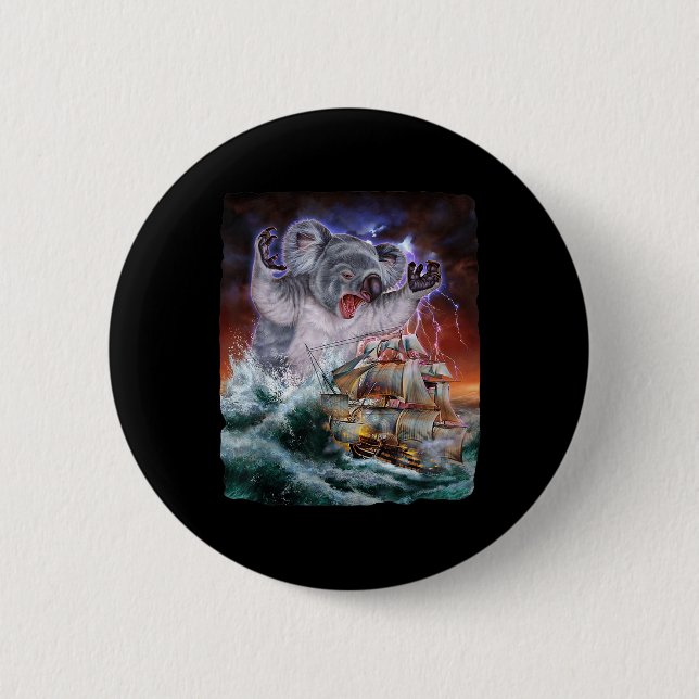 Monster Koala As Kraken Attack A War Ship At High  6 Cm Round Badge (Front)