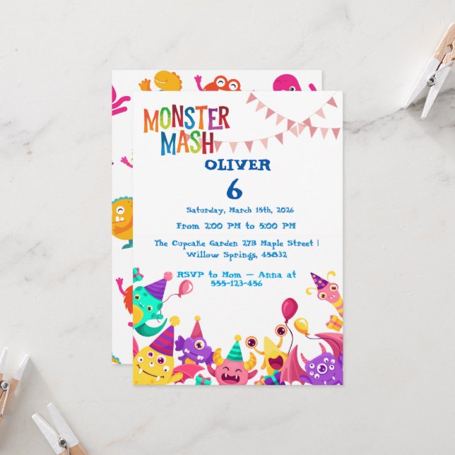 Monster Mash Birthday Invitation - Kids Party (Front/Back In Situ)