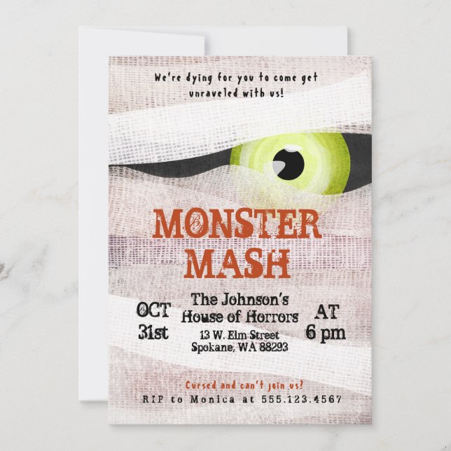 Monster Mash Halloween Bash Mummy Invitation (Front)