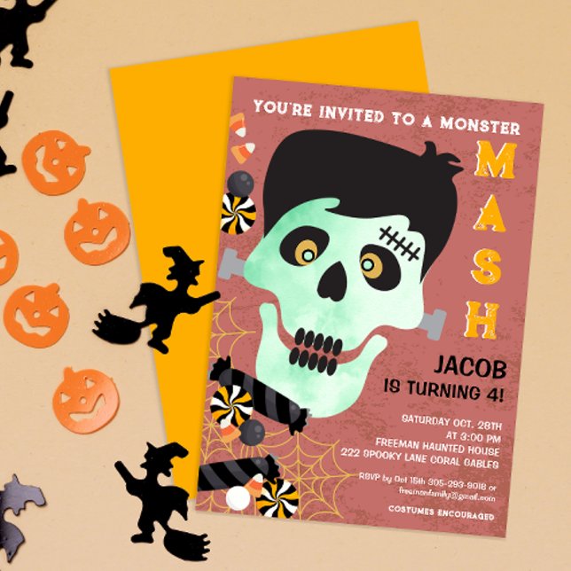 Monster Mash Halloween Birthday Invite (Frankenstein Monster Mash Birthday Halloween Party Invitation)
