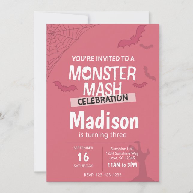Monster Mash Halloween Birthday Invite (pink) (Front)