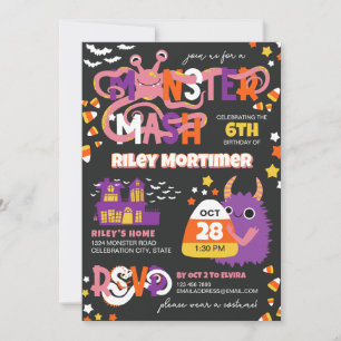 Monster Mash Typography Girl Halloween Birthday Invitation