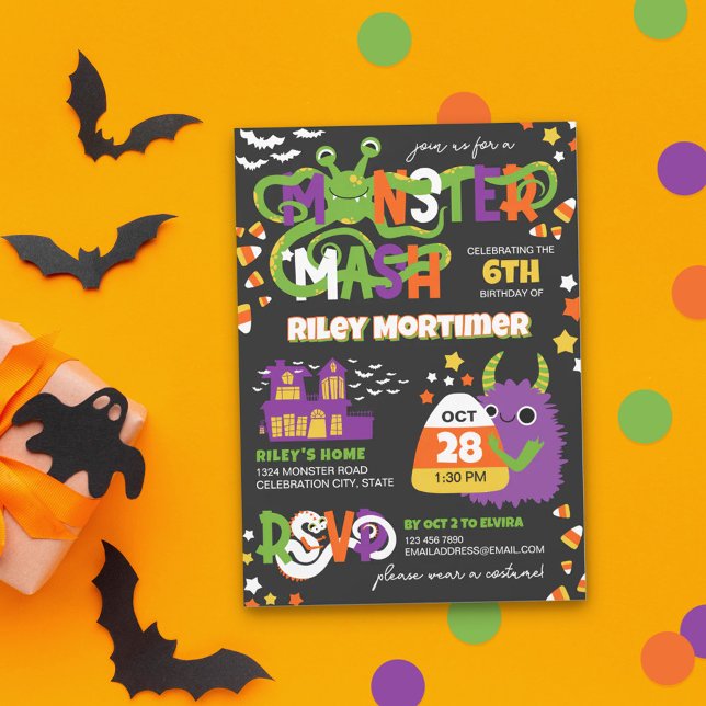 Monster Mash Typography Kids Halloween Birthday Invitation (Creator Uploaded)