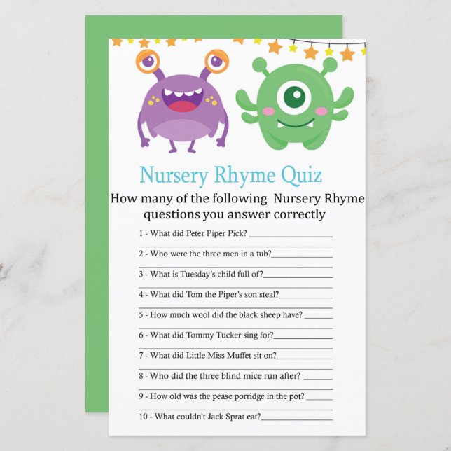 Monster Nursery Rhyme Quiz baby shower game (Front/Back)