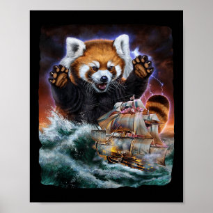 Monster Red Panda As Kraken Attack A War Ship At H Poster