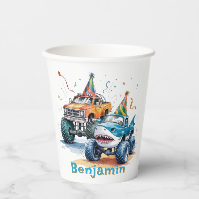 Monster Shark Truck Birthday Bash watercolor Paper Cups (Front)