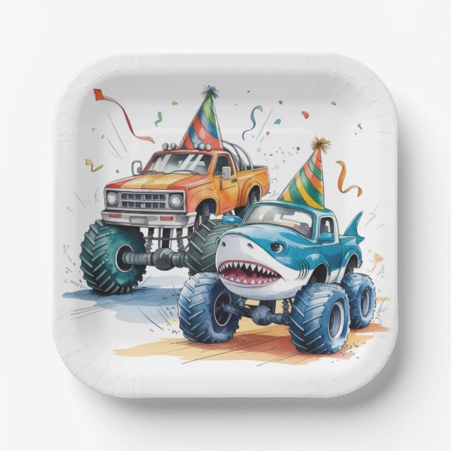 Monster Shark Truck Birthday Bash watercolor Paper Plate (Front)