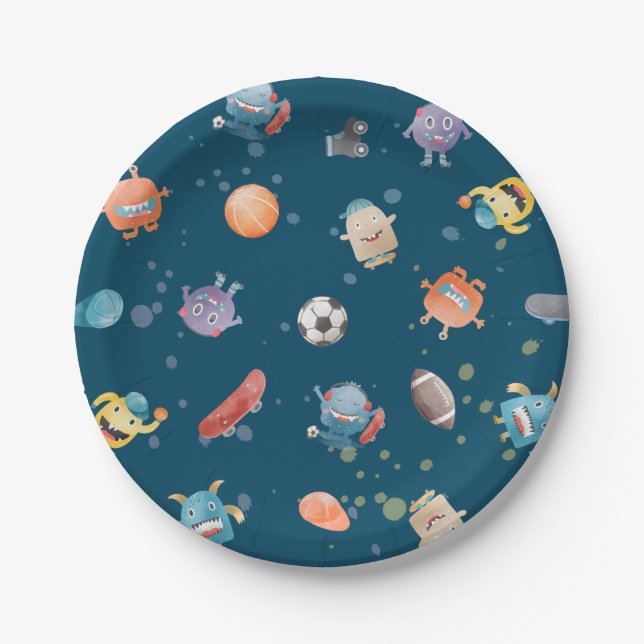 Monster Sports Boy Birthday Party on Teal Paper Plate (Front)