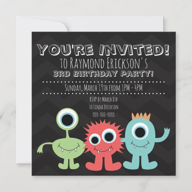 Monster Themed Birthday Party Invitations (Front)