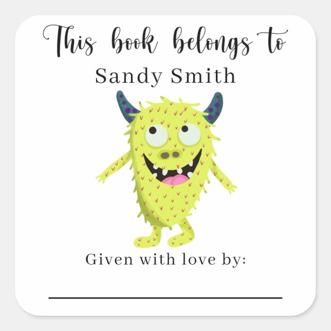 Monster - This book belongs to with message Square Sticker (Front)