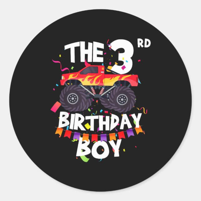 Monster Truck 3rd Birthday Boy Funny 3 Years Old B Classic Round Sticker (Front)