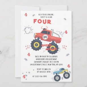 Monster Truck 4th Birthday Party Invitation