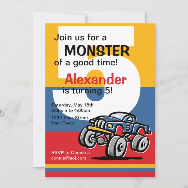 Monster Truck 5th Birthday Invitation (Front)