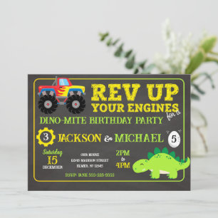 Monster Truck and Dinosaur Joint Birthday Invitation