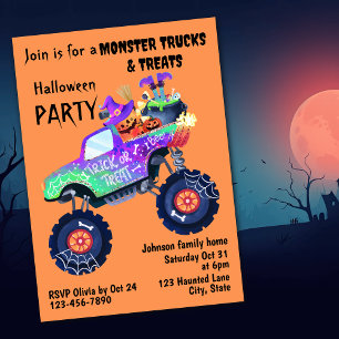 Monster Truck And Treats Halloween Party Invitation