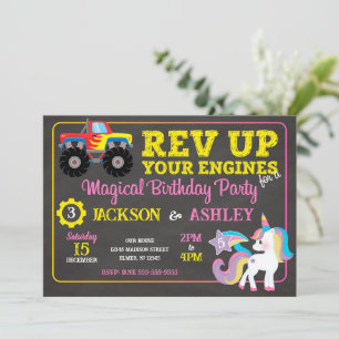 Monster Truck and Unicorn Joint Birthday Invitation