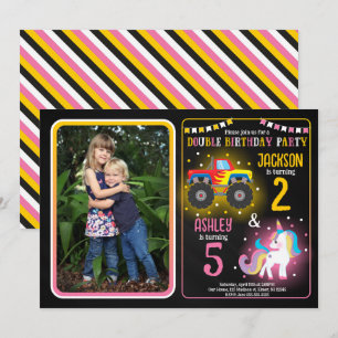 Monster Truck and Unicorn Siblings Joint Birthday  Invitation