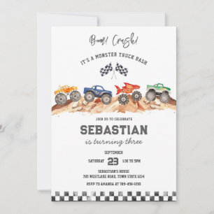 Monster Truck Bash Boom Smash Crash Boy Birthday  Invitation