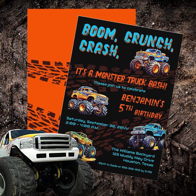 Monster Truck Bash Boy 5th Birthday Party Invitation ("Boom, Crunch, Crash, It's A Monster Truck Bash" Boy's 5th Birthday Party Invitation)