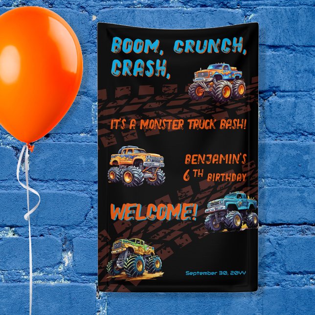 Monster Truck Bash Boy 6th Birthday Party Banner ("Boom, Crunch, Crash, It's A Monster Truck Bash" Boy's 6th Birthday Party 3' x 5' Banner)