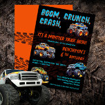 Monster Truck Bash Boy 6th Birthday Party Invitation<br><div class="desc">"Boom,  Crunch,  Crash,  It's A Monster Truck Bash!" fun birthday party celebration for a boy.  Designed in aqua blue and orange text on a black background,  the monster truck artwork really pops.  The dark brown dirt tracks add an additional flair to the overall design.</div>