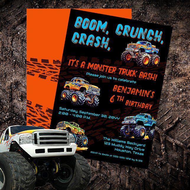 Monster Truck Bash Boy 6th Birthday Party Invitation ("Boom, Crunch, Crash, It's A Monster Truck Bash" Boy's 6th Birthday Party Invitation)