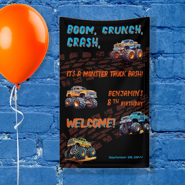 Monster Truck Bash Boy 8th Birthday Party Banner ("Boom, Crunch, Crash, It's A Monster Truck Bash" Boy's 8th Birthday Party 3' x 5' banner)