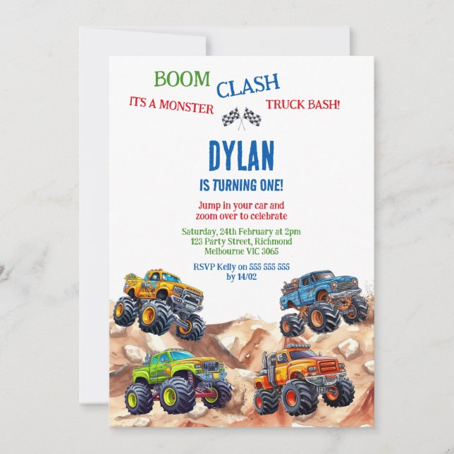 Monster Truck Bash Boy Birthday Invitation (Front)