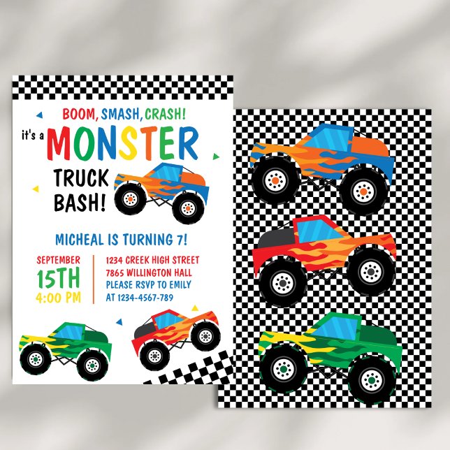 Monster Truck Bash Colourful Groovy Kids Birthday Invitation (Creator Uploaded)
