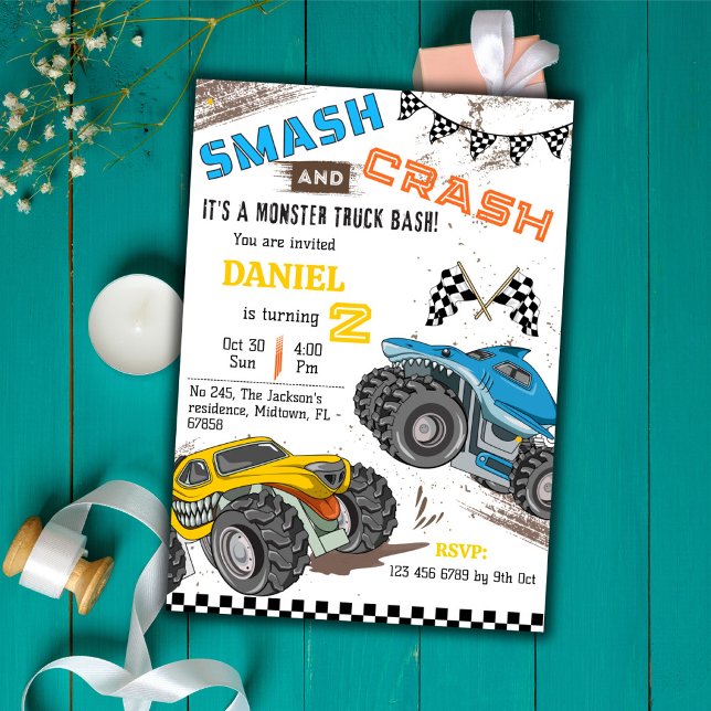 Monster truck bash cool modern kid 2nd birthday invitation (Creator Uploaded)