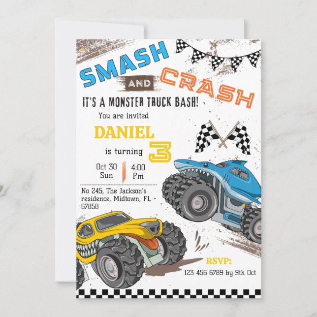 Monster truck bash cool modern kid 3rd birthday invitation (Front)