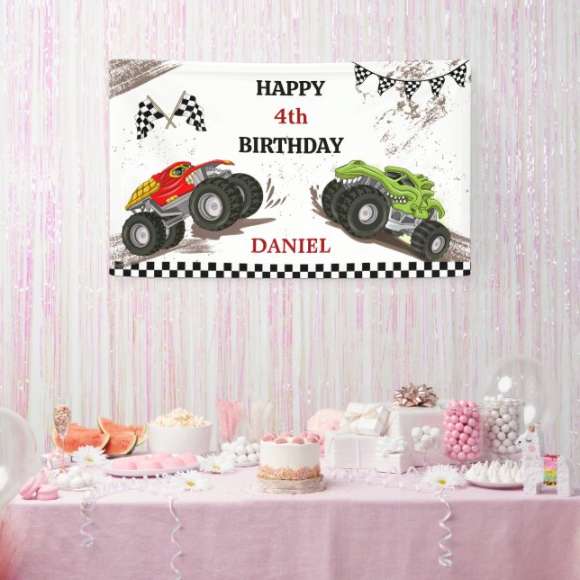 Monster truck bash cool modern kid 4th birthday banner (Party)