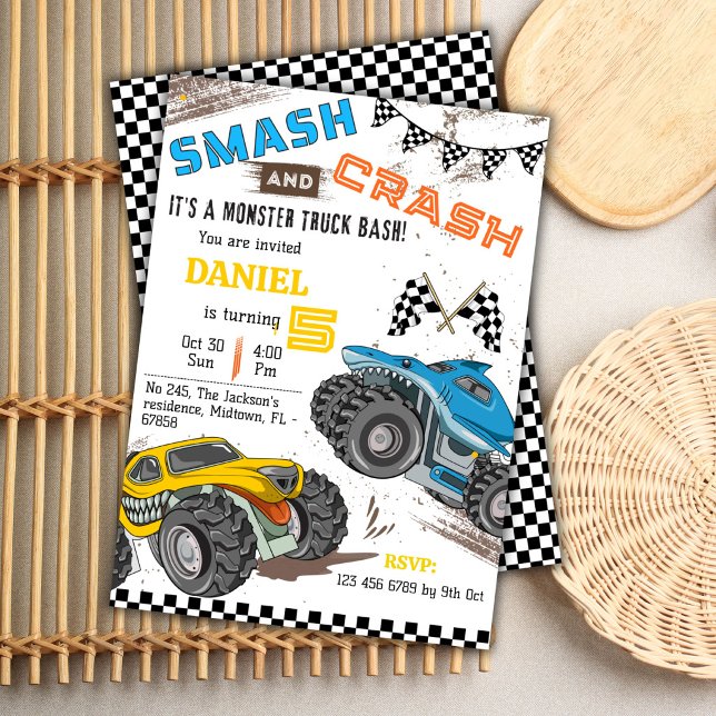 Monster truck bash cool modern kid 5th birthday invitation (Creator Uploaded)