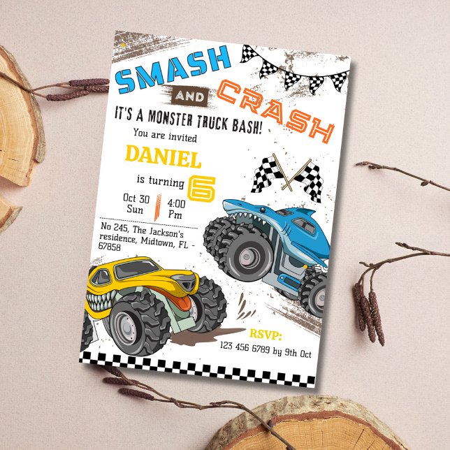 Monster truck bash cool modern kid 6th birthday invitation (Creator Uploaded)