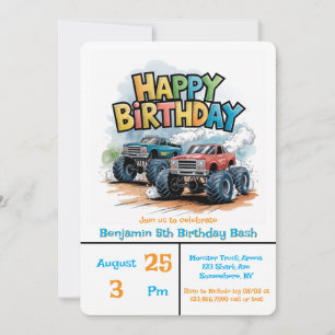 Monster Truck Birthday Bash Watercolor Art Invitation