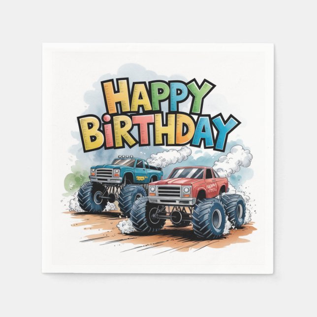 Monster Truck Birthday Bash Watercolor Art Napkin (Front)