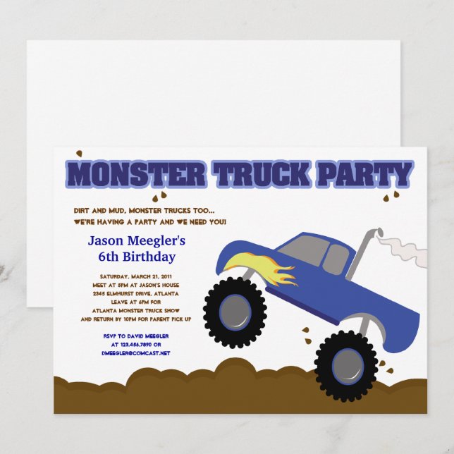 Monster Truck Birthday Blue Truck with Flames Invitation (Front/Back)