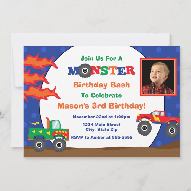 Monster Truck Birthday Invitation 5x7 Photo Card (Front)