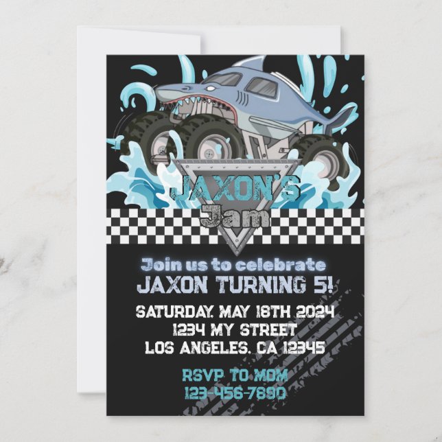 Monster Truck Birthday Invitation-Blue Shark Invitation (Front)