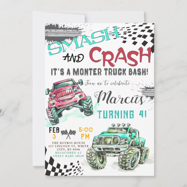 Monster Truck Birthday Invitation, Boys Truck Invitation (Front)