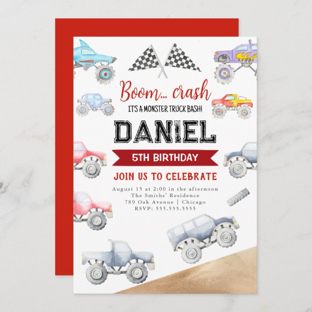 Monster Truck Birthday Invitation Trucks Any Age (Front/Back)