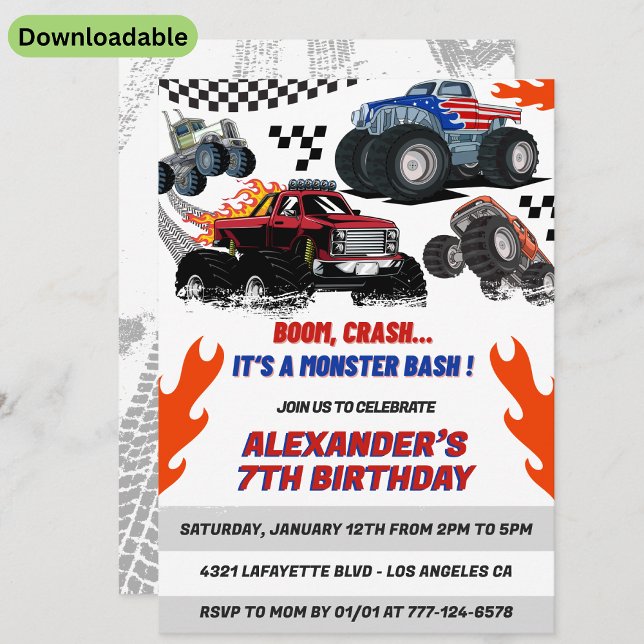 Monster truck birthday invitations Boy Boom Crash (Creator Uploaded)