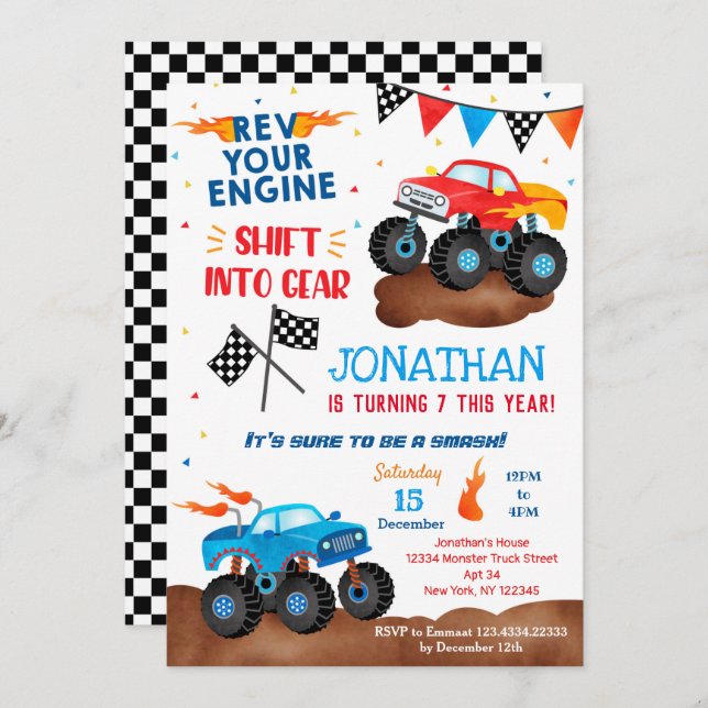 Monster Truck Birthday Invitations for boy  (Front/Back)