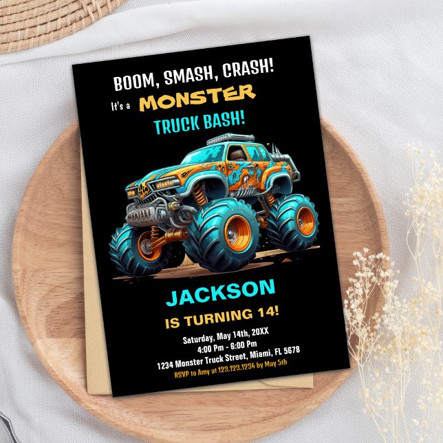 Monster Truck Birthday Invitations Green Blue (Monster Truck Birthday Invitations Green Blue)