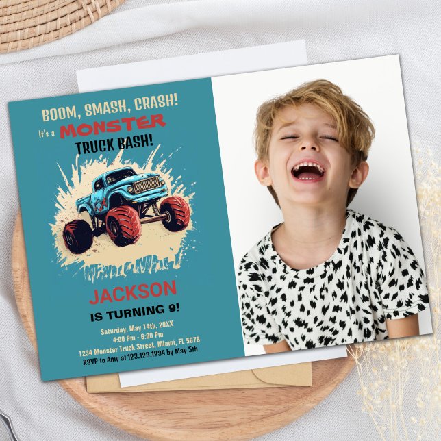 Monster Truck Birthday Invitations Green w Photo (Monster Truck Birthday Invitations Green w Photo)