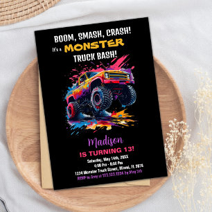 Monster Truck Birthday Invitations Pink Black