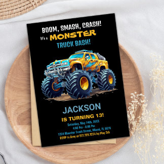 Monster Truck Birthday Invitations Yellow Black
