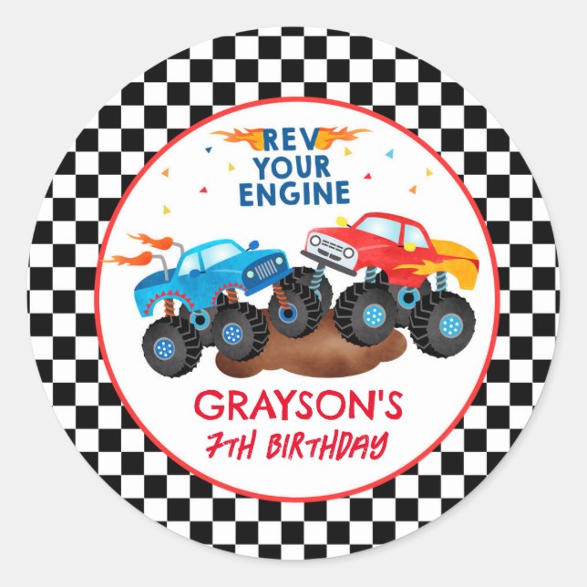 Monster Truck Birthday Party Favour Stickers Label (Front)