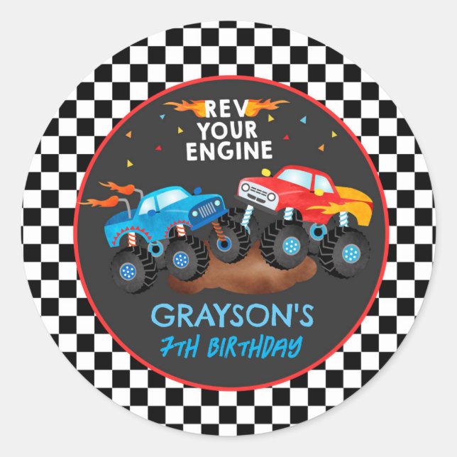 Monster Truck Birthday Party Favour Stickers Label (Front)